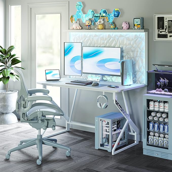 CubiCubi Simple Gaming Desk Z Shaped 40 inch Gamer Workstation, Home Computer Carbon Fiber Surface Gaming Desk PC Table with Headphone Hook, White