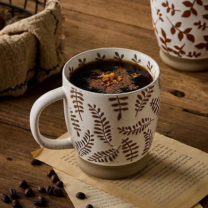 18 Oz Large Ceramic Coffee Mug Set of 2 - Rustic Handmade Floral Mugs with Handle, Microwave Safe for Latte Espresso Cappuccino Tea Cocoa Milk, Modern Unique Big Cups for Kitchen Women(Sage Green)