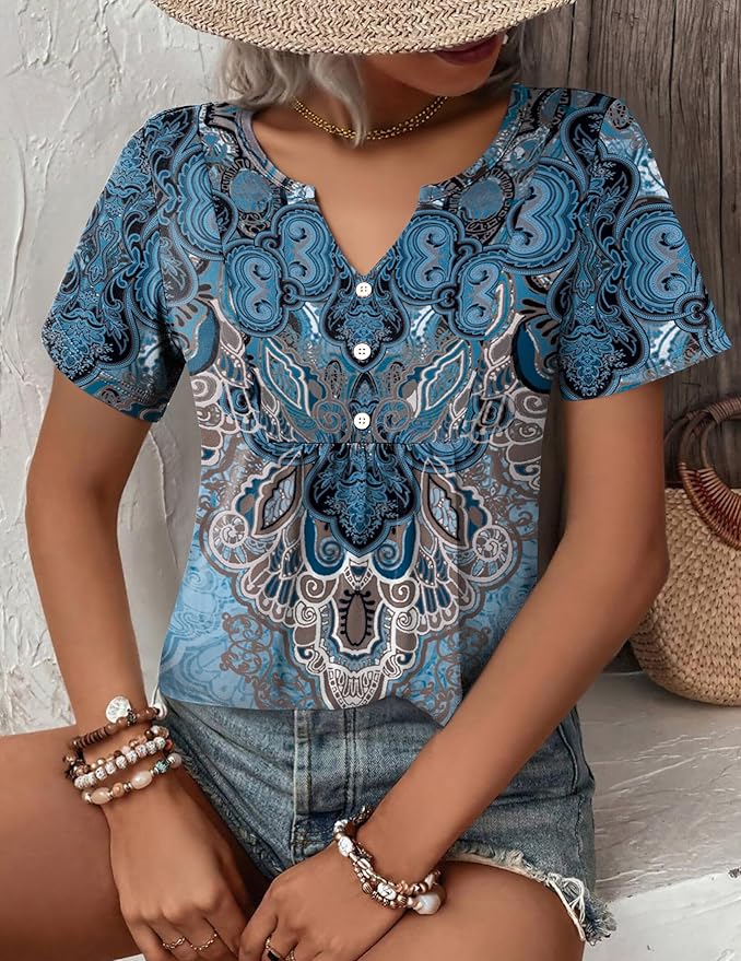 Zeagoo Womens Short Sleeve Tops Summer Henley V-Neck Tshirts Casual Pleated Blouse Dressy Loose Floral Basic Tee