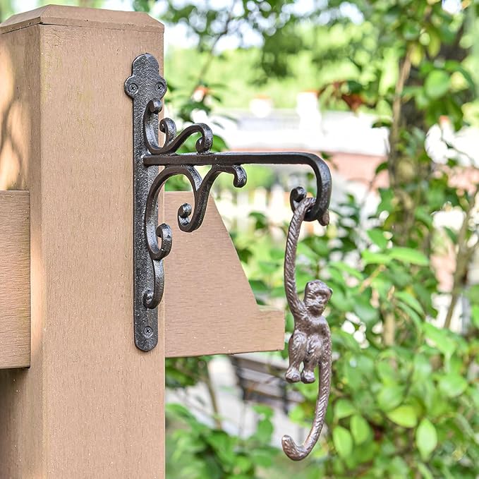 Sungmor Cast Iron Wall Hook Plant Hangers - Home & Garden Heavy Duty Hanging Bracket Plant Hooks - 2PC BLACK Decorative Wall Mount Hooks for Hanging Planter Pot Bird Feeder Birdcage Lantern Wind Chime