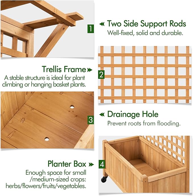 Yaheetech 72" H Garden Planter with Trellis for Vine Climbing Horticultural Plants, Yard Box Outdoor w/Drainage Holes, Garden Planter Bed for Flowers Herbs, Light Brown