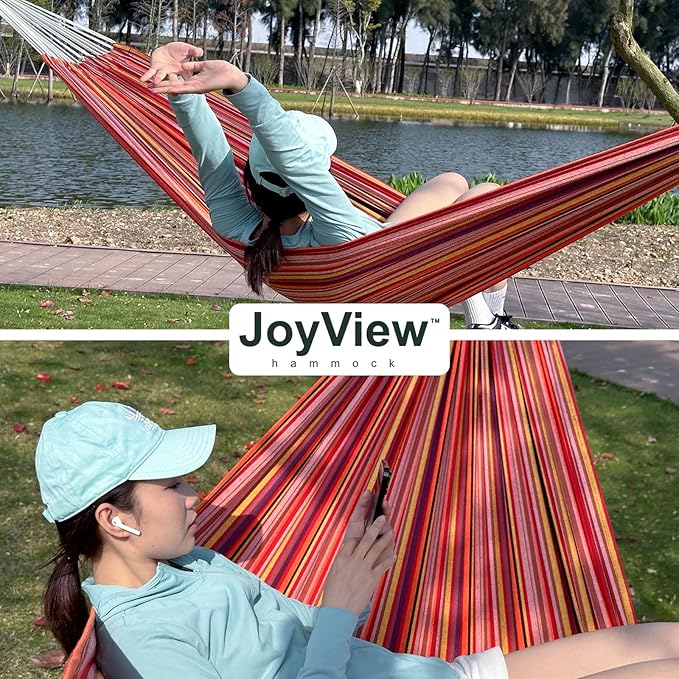 JoyView Brazilian Double Hammock with Hanging Ropes Extra Large 86.6x59” Portable Cotton Hammock for Patio Backyard Porch 450LBS Weight Capacity Perfect for Outdoor/Indoor - Natural White