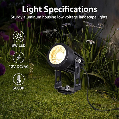 SUNVIE 3W Low Voltage Landscape Lighting LED Landscape Spotlights with Connectors Waterproof Low Voltage Landscape Lights 3000K Warm White Uplights Outdoor Spot Lights for Yard Garden House, 4 Pack | Waterproof 12-24V Low Voltage Landscape Light 300LM ...