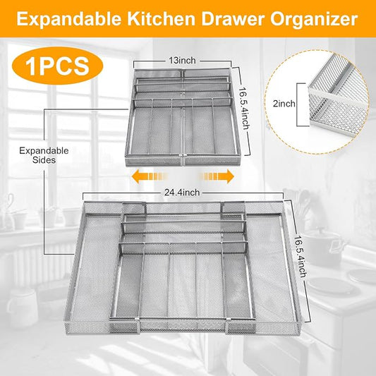 1 Pcs Utensil Drawer Silverware Organizer, Metal Mesh Expandable 13" ~24" Kitchen Drawer Organizer, 7-9 Slots Cutlery Tray Dividers for Kitchen Flatware Christmas Housewarming Gift (Sliver)