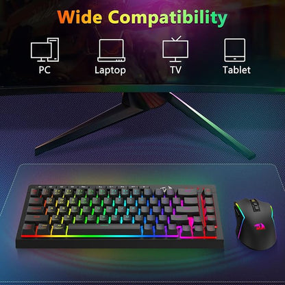 Redragon Wireless Gaming Keyboard and Mouse Combo, 60% Portable, Black | Bluetooth/2.4G/USB-C Wired, RGB Backlit, Quiet Rechargeable Macro Membrane Keyboard & 12800 DPI Mouse for Win/MAC
