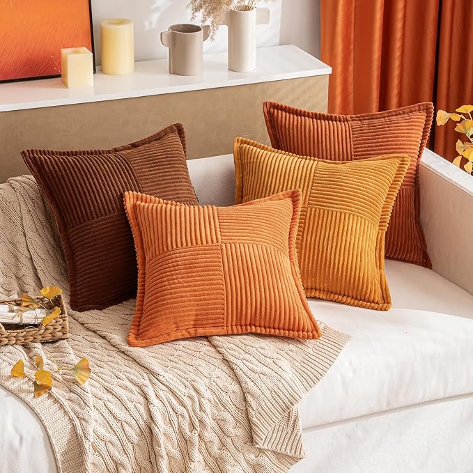 MIULEE Fall Orange Decorative Throw Pillow Covers for Couch Bed Livingroom 20x20 Inch Set of 2 Boho Accent Throw Pllows Broadside Striped Patchwork Soft Corduroy Pillowcases