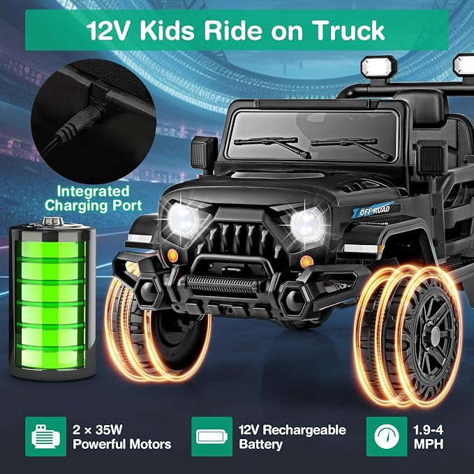 Costzon 12V Kids Ride on Truck Car, Electric Vehicle w/Remote Control, Threaded Wheels, 3 Speeds, LED Lights, Music, Horn & Wireless Connection, Battery Powered Ride on Toy for Boys & Girls 3+ (Black)