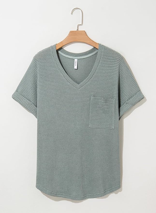 Dokotoo Womens Waffle Knit Tops 2026 Spring Summer V Neck Shirts Casual Trendy Women's Blouses Basic Tee