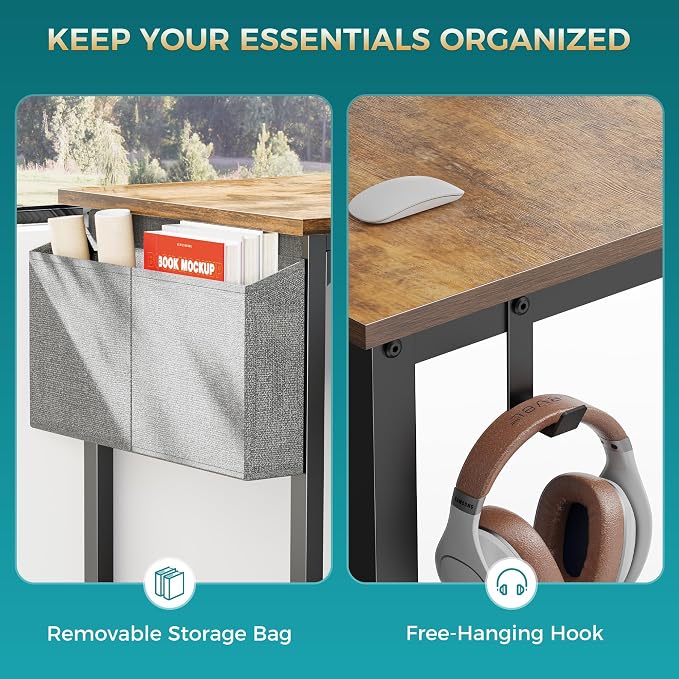 OLIXIS 47 Inch Computer Office Desk for Small Spaces, Writing Gaming Work Desk Modern Study Table with Storage Bag & Headphone Hook Home Bedroom, Rustic Brown | Computer Gaming Writing Workstation, Small Spaces for Home Bedroom, Rustic Brown