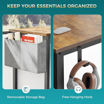 OLIXIS 47 Inch Computer Office Desk for Small Spaces, Writing Gaming Work Desk Modern Study Table with Storage Bag & Headphone Hook Home Bedroom, Rustic Brown | Computer Gaming Writing Workstation, Small Spaces for Home Bedroom, Rustic Brown