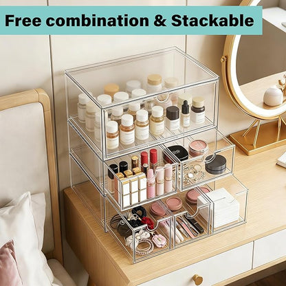 Prsildan Craft Art Supply Organizer Stackable Storage Drawer with 9 Drawers | Clear Acrylic, Tea Bag K Cup Organizer, for Kitchen Office Desk Vanity Makeup Organizer, 3 Pack