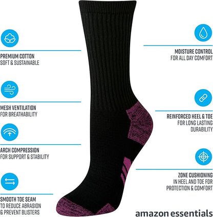Amazon Essentials womens Performance Cushioned Breathable Cotton Athletic Crew Sports Socks