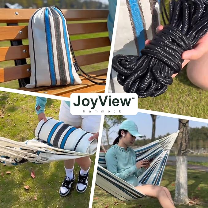JoyView Brazilian Double Hammock with Hanging Ropes Extra Large 86.6x59” Portable Cotton Hammock for Patio Backyard Porch 450LBS Weight Capacity Perfect for Outdoor/Indoor - Color Stripes