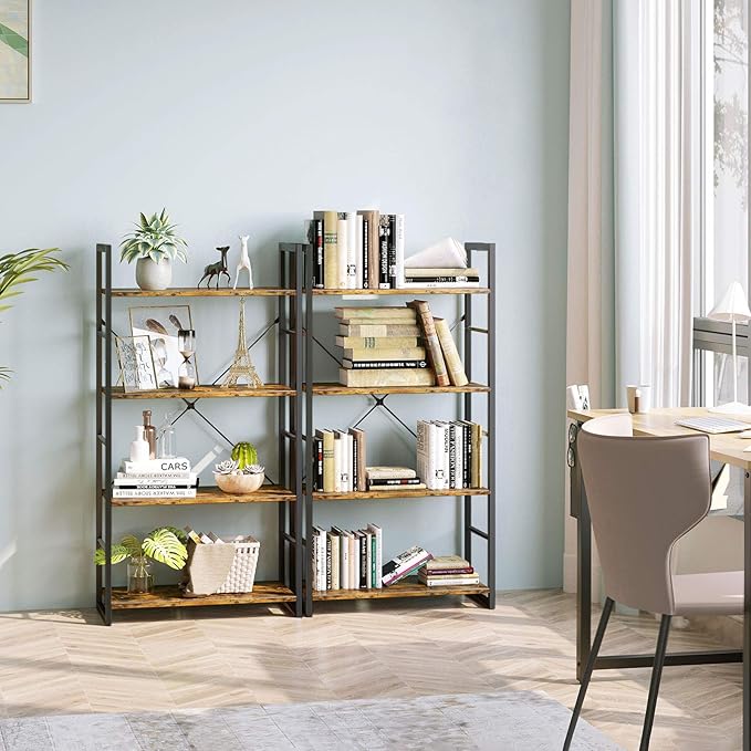 ODK Bookshelf, 4 Tier Shelf Storage Organizer, Modern Book Shelf with Metal Frame for Bedroom, Living Room and Home Office, Rustic Brown