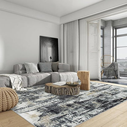 6x9 Area Rugs Washable Rug: Large Modern Abstract Living Room Rug Soft Anti-Skid Thin Carpet Indoor Floor Non-Shedding Carpets for Bedroom Dining Room Farmhouse Nursery Home Office Black Grey Gold