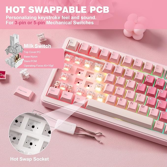 YUNZII B75 PRO 75% Wireless Mechanical Keyboard (Pink,MilkV2) | Hot Swap Keyboard with Knob, Gasket Mount, Creamy Pre-lubed Switch for Smooth Typing, BT/USB-C/2.4G, for Gaming