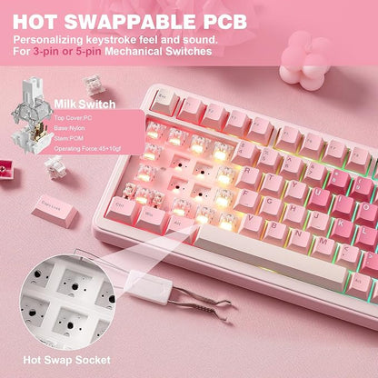 YUNZII B75 PRO 75% Wireless Mechanical Keyboard (Pink,MilkV2) | Hot Swap Keyboard with Knob, Gasket Mount, Creamy Pre-lubed Switch for Smooth Typing, BT/USB-C/2.4G, for Gaming