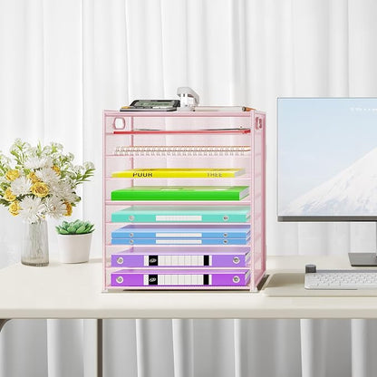 Cawukege 9 Tier Paper Organizer with Handle, Large Capacity Desk Organizer Mesh Paper Letter Tray File Folder Document Sorter for Classroom and Office Accessories Organization- Pink (2 Pack)