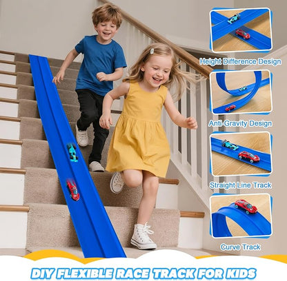 Flexible Race Track for Kids - 15 Ft Flex Track Race Car Tracks with Car Ramp Toy, Fit for Monster Truck Track & Kids' Play Cars, Race Tracks for Toddlers 3+, Gifts for Boys Girls (Dark Blue)