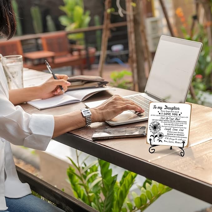 Daughter Gift from Mom, To My Daughter Gift Desk Decor Wood Plaque with Stand, Home Office Table Desk Sign Keepsake -A36