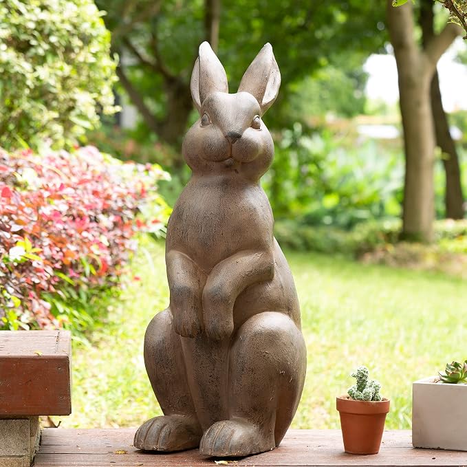 Glitzhome Rabbit Garden Statue Outdoor Standing Bunny Sculpture Lawn Decor, 22.75 Inch, Bronze