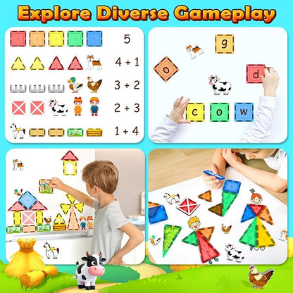 Magnetic Tiles Farm Animals Set, Immersive Storytelling Building Blocks for Toddlers 3-5, 3D Farm House STEM Toys with UV-Printed Realistic Animals, Compatible with All Major Brands