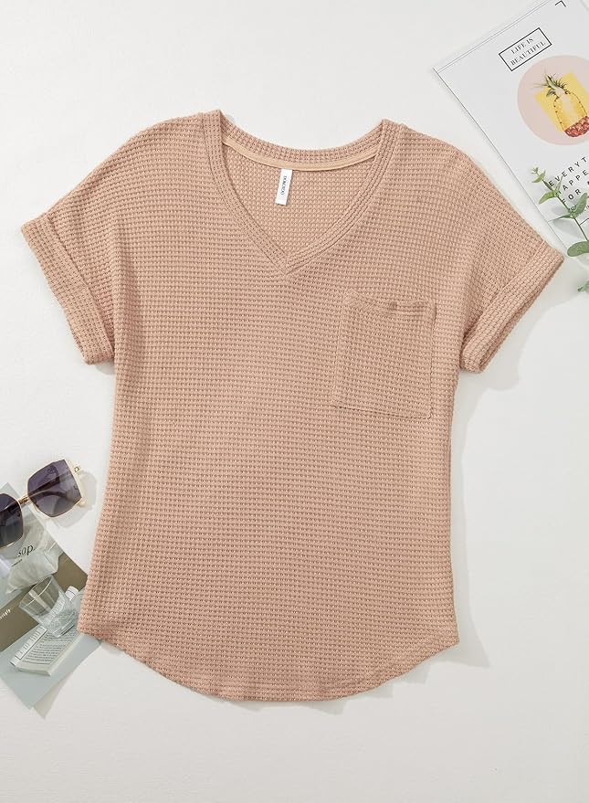 Dokotoo Womens Waffle Knit Tops 2026 Spring Summer V Neck Shirts Casual Trendy Women's Blouses Basic Tee