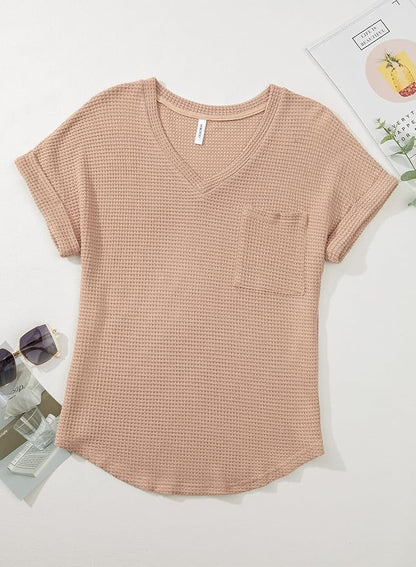 Dokotoo Womens Waffle Knit Tops 2026 Spring Summer V Neck Shirts Casual Trendy Women's Blouses Basic Tee