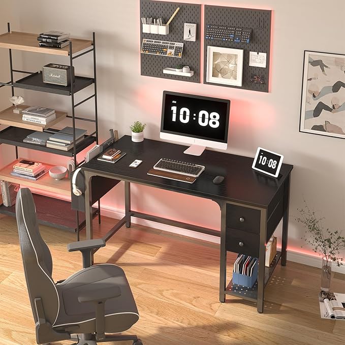 Lufeiya Gaming Desk with Fabric Drawers, 47 Inch Computer Desk for Home Office, Modern Simple Study Writing Table PC Desks for Bedroom, Black