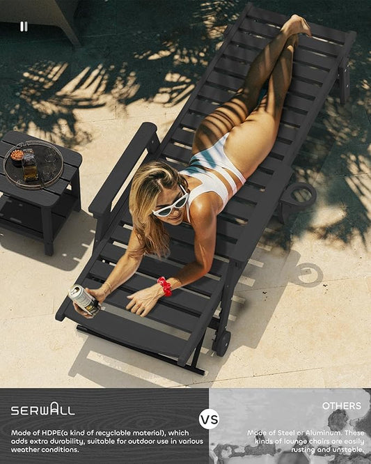 SERWALL Patio Chaise Lounge Chair Set of 2 with 9FT Patio Umbrella, 78'' HDPE Outdoor Lounger, Poly Lounge Chair with Rolling Wheels & Cup Holder for Pool,Obsidian Black (Umbreall Base not Included)