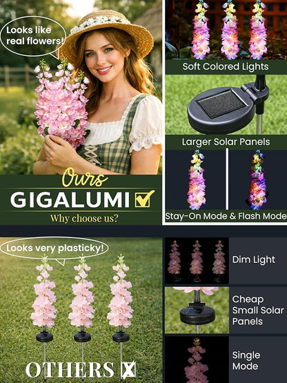 GIGALUMI Solar Lights Outdoor for Garden Decor, 3 Pack Solar Flower Lights Waterproof, 2 Lighting Modes Delphinium for Pathway,Yard, Patio, 4th of July Decoration, Gifts for Women (Pink)