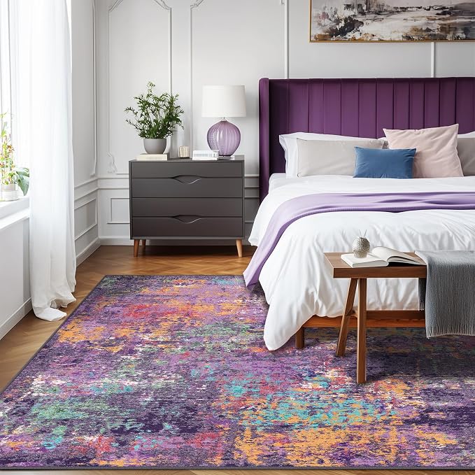 RELEANY Washable Area Rugs 5'x7' Non-Slip Modern Abstract Soft for Living Room Entryway Bedroom Kitchen, Print Pattern, Purple Orange Blue Green Rust Red Colorful