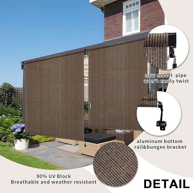 KANAGAWA Outdoor Roller Shade 12'X8' Mocha Exterior Cordless Patio Roll Up Shades for Outside Pergola Porch, Outdoor Blinds for Patio