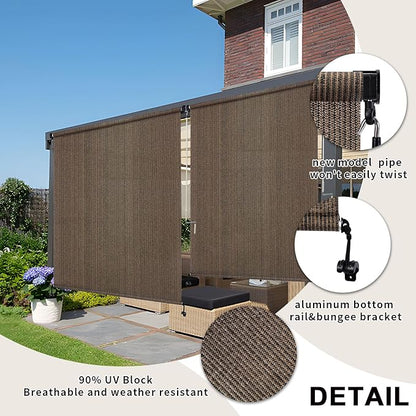 KANAGAWA Outdoor Roller Shade 12'X8' Mocha Exterior Cordless Patio Roll Up Shades for Outside Pergola Porch, Outdoor Blinds for Patio