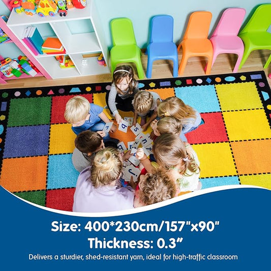 Booooom Jackson Ultra Thick Nylon Classroom Rug Elementary,13'x7'7'' Large Classroom Carpet Preschool Seating Rug for School, Colorful Classroom Rug for Class with 0.5'' Non-Slip Backing