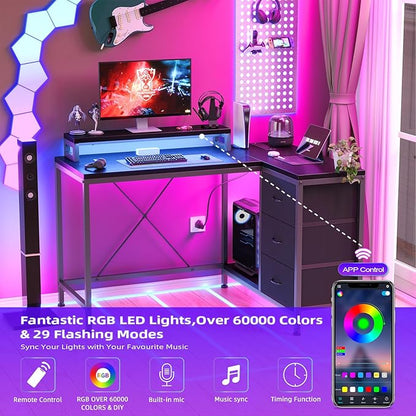L Shaped Desk with Power Outlets & LED Lights, Computer Desk with Drawers & Shelves, Corner Desk Gaming Desk Home Office Desk, Black