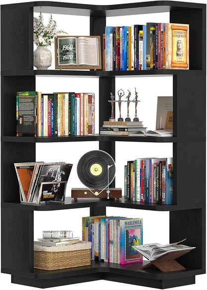 Armocity Corner Book Shelf - 5 Tier Corner Bookshelf Etagere Bookcase with Baffle, Freestanding L Shaped Display Shelf Stand for Home Office, Living Room, Bedroom, Kitchen, Black