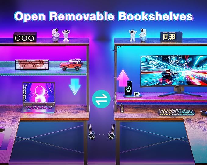 AODK L Shaped Desk Gaming Desk with LED Light & Power Outlet | 53 Inch Vintage Reversible L Shaped Computer Table with Shelf & Storage Bag & Hook for Home Office