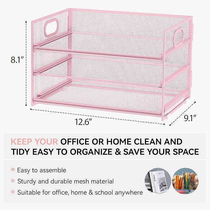 Subekyu 3 Tier Paper Letter Tray Organizer for Desk, Pink Metal Mesh File Folder Sorter Organizer with Handle and 1 PC Sliding Tray for Home Office School Desk Supplies Organization Storage