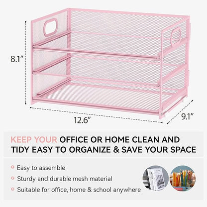 Subekyu 3 Tier Paper Letter Tray Organizer for Desk, Pink Metal Mesh File Folder Sorter Organizer with Handle and 1 PC Sliding Tray for Home Office School Desk Supplies Organization Storage