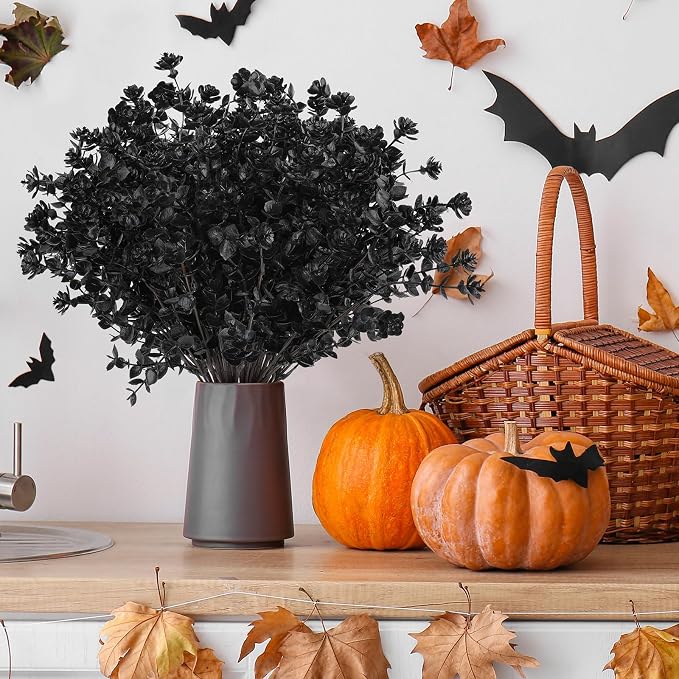 AGIRL 12 Bundles Black Artificial Flowers for Outdoor,No Fade Fake Plastic Flowers Faux Plants for Halloween Decor,Hanging Planters Decoration Indoor Outside Garden Porch Window Box Home Party