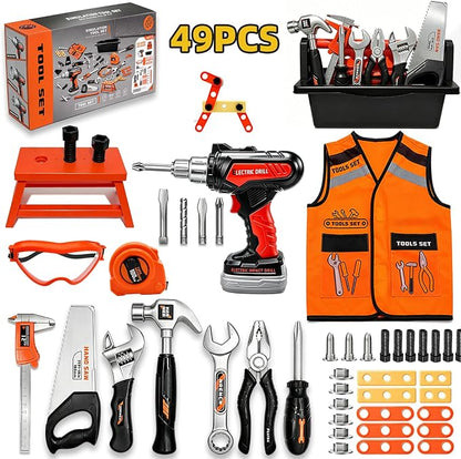 49 PCS Kids Tool Set with Toy Electric Drill, Construction Dress Up Pretend Play Kit with Tool Box, Washable Vest, Goggles & STEM Building Plate, Birthday Gift for Boys Toddlers Age 3 4 5 6 7