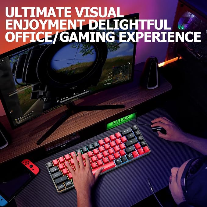Wired Portable 60% Mechanical Feeling Gaming Keyboard,RGB LED Backlit Compact 68 Keys Mini Wired Office Keyboard for Windows Laptop PC Mac Gamer, Typist, Travel on Business Trip- Red and Black