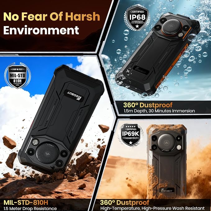 FOSSIBOT F110 Pro Rugged Smartphone Unlocked 5G Android 15, 128dB Loudest Speaker 20GB+128GB /2TB 10000mAH, 6.7'' HD Display 50MP Rear Camera, IP68/69K Waterproof, NFC/Dual SIM/Widevine L1