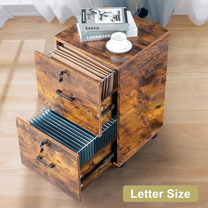 VINGLI 2-Drawer Small Rolling File Cabinet with Lock, Wood Filing Cabinet for Hanging Letter Size Filings with Tabs, Mobile Under Desk File Cabinets for Home Office, Rustic Brown, 27.2" H