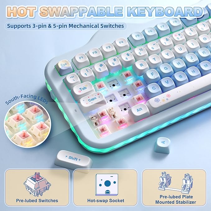 YUNZII C98 Cute Cake Wireless Mechanical Keyboard(Blue, Candy Switch) | 99 Keys with Number Pad, Hot Swap, PBT MOA Keycaps, BT5.0/2.4G/USB-C, Gasket Mount, Custom RGB Backlit for Win/Mac
