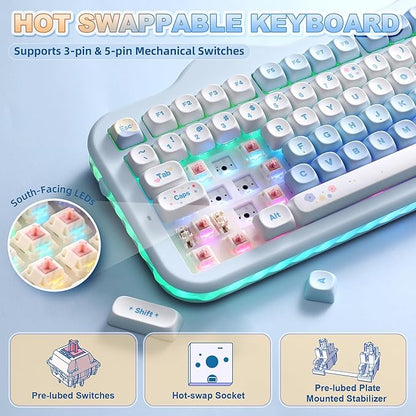 YUNZII C98 Cute Cake Wireless Mechanical Keyboard(Blue, Candy Switch) | 99 Keys with Number Pad, Hot Swap, PBT MOA Keycaps, BT5.0/2.4G/USB-C, Gasket Mount, Custom RGB Backlit for Win/Mac