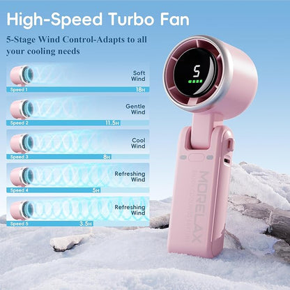 Morelax Personal Handheld Fan,High-Speed Turbo Fans,5-Speed with LED Display,Powerful Motor,4000mAh,USB Rechargeable Portable Cooling Fan for Outdoor Activities,Travel,Working,Pink