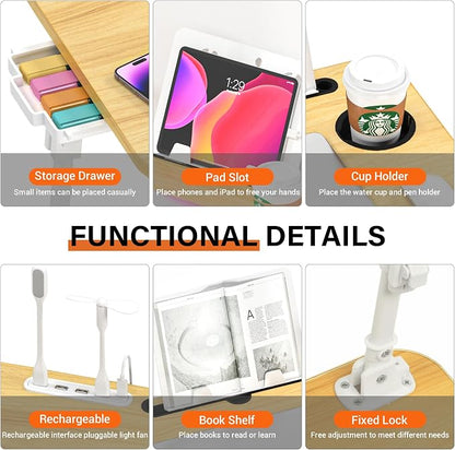 Lap Desk for Bed, Adjustable Laptop Desk with USB Charging Port, Storage Drawer & Bookshelf — Foldable Bed Desk for WFH & Students, 23.6" Desktop Fits 22" Laptop, Non-Slip, Wood