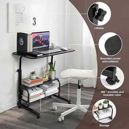 Adjustable Mobile Laptop Desk Portable Detachable Wheels Home Office Desk Height, Bedside Table Additional Storage Rack Small Spaces Veranda Office Desk Size 15.7 * 31.5 Inch Black